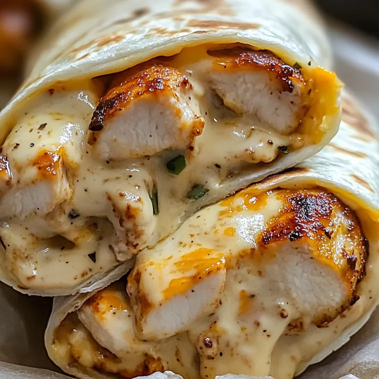 A cheesy garlic chicken wrap with a bite taken out of it.