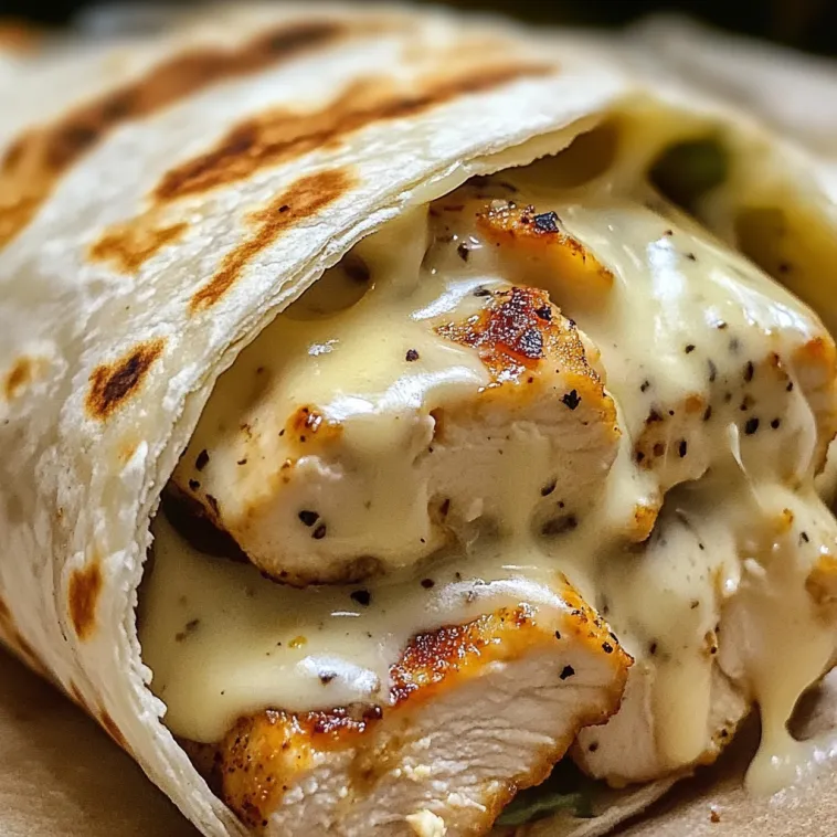 A cheesy garlic chicken wrap is shown with a close up of the chicken.
