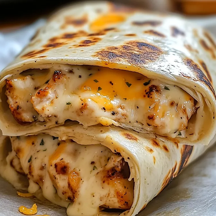 A cheesy garlic chicken wrap.