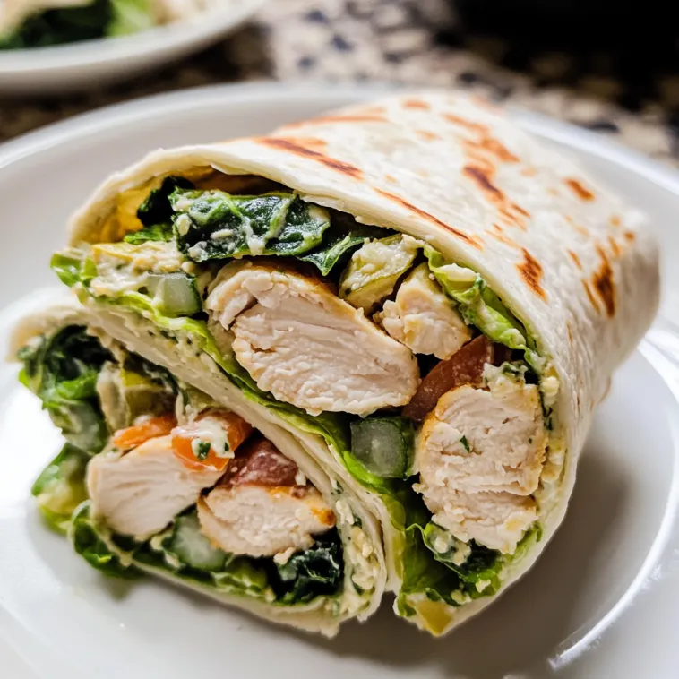 A chicken Caesar wrap on a white plate.