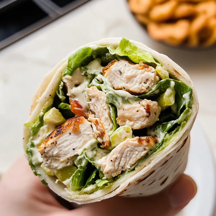A person is holding a chicken Caesar wrap.