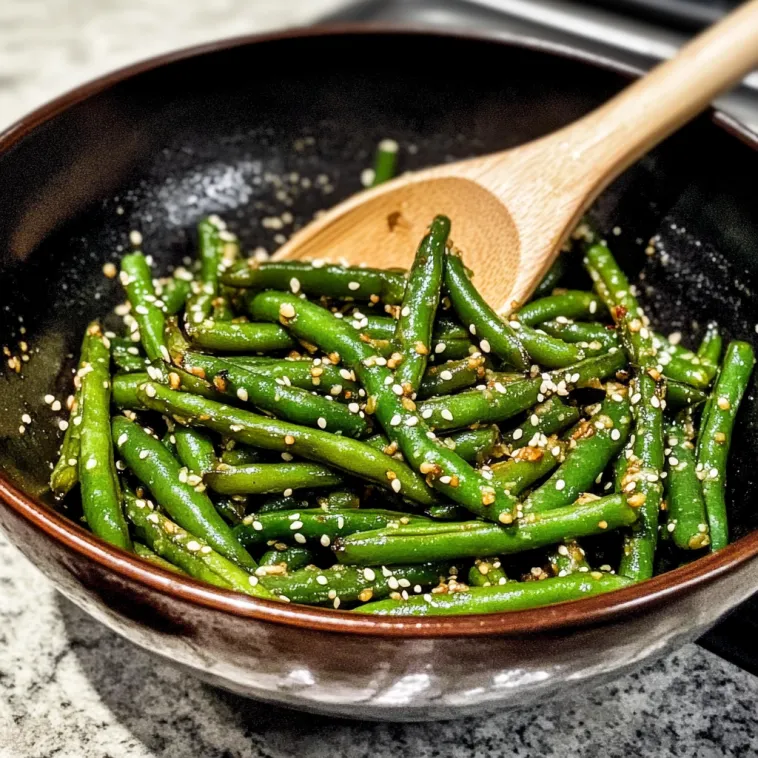 A bowl of green beans with seasoning.