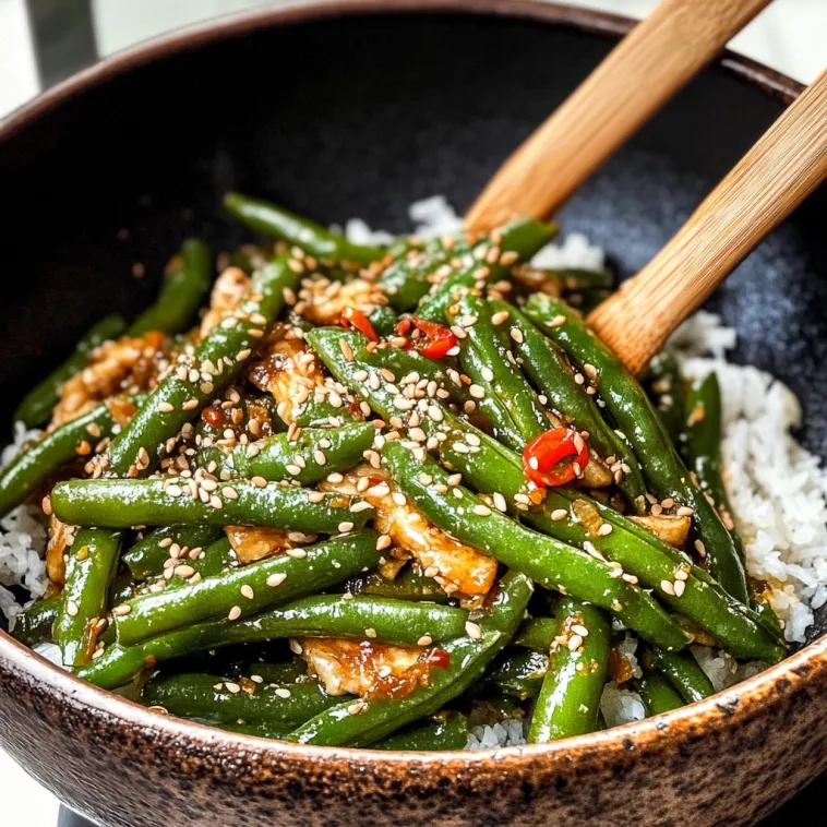 A bowl of Asian green beans with rice.