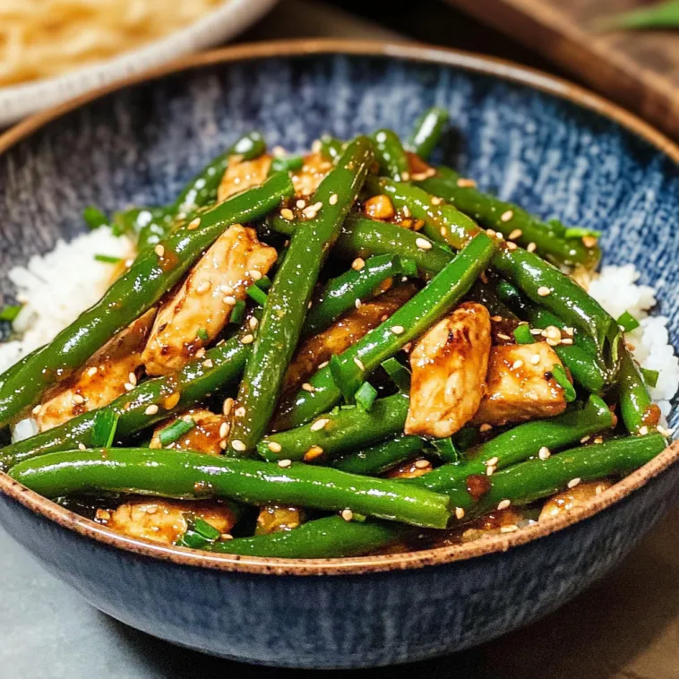 A bowl of Asian green beans with rice.