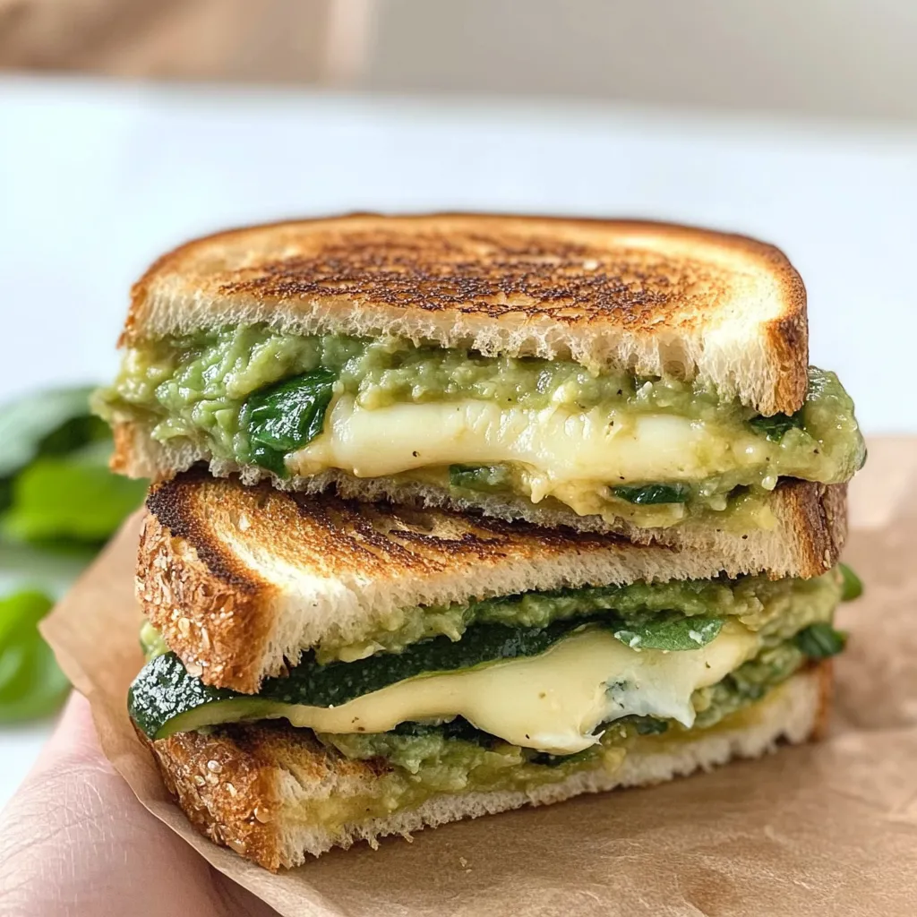 A grilled cheese sandwich with avocado on top.