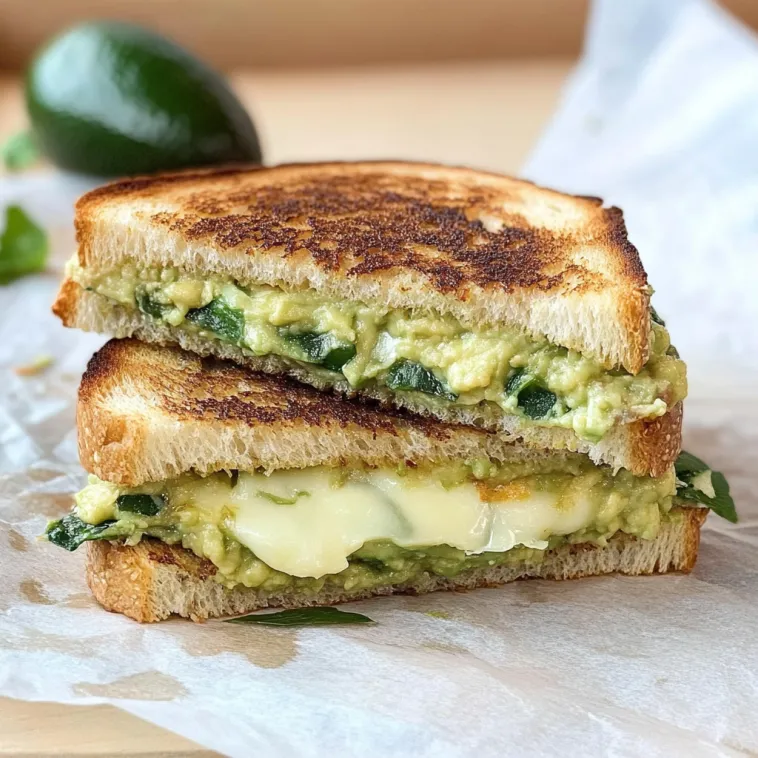 A grilled cheese sandwich with avocado on top.