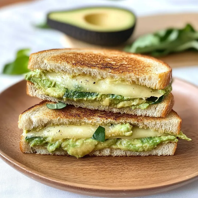 A grilled cheese sandwich with avocado on top.