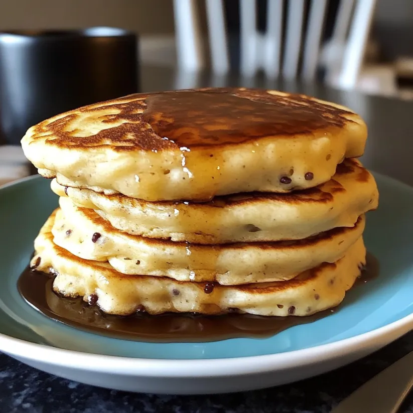 A stack of four pancakes with syrup on a plate.