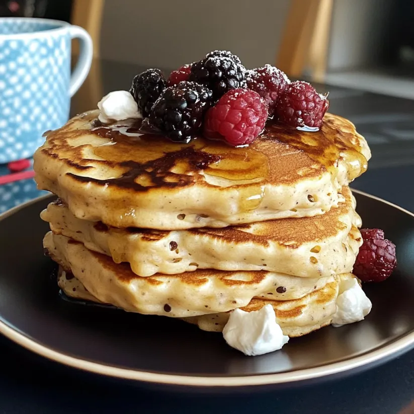 A stack of fluffy vegan protein pancakes.