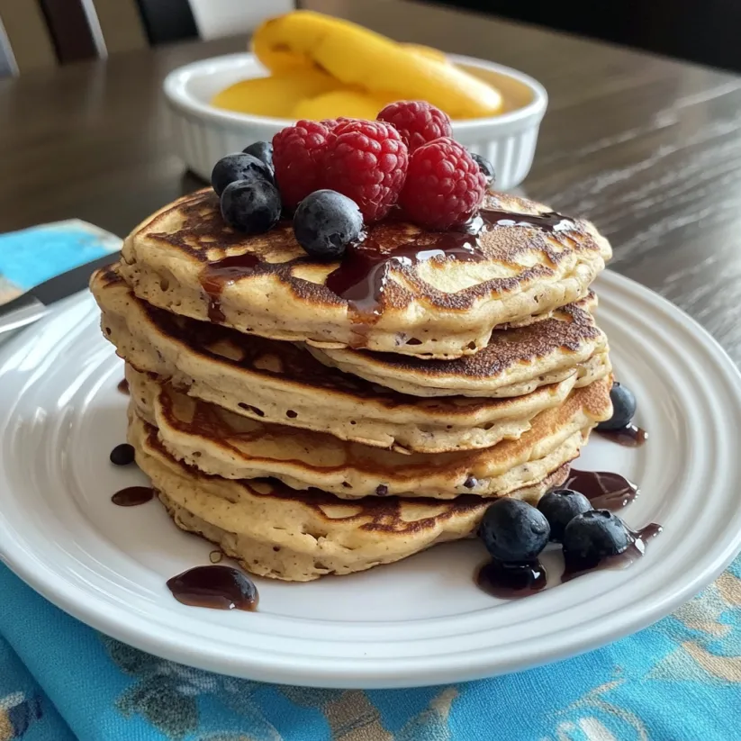 A stack of pancakes with blueberries and raspberries on top.