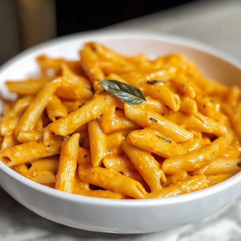 A bowl of pasta with a green leaf on top.