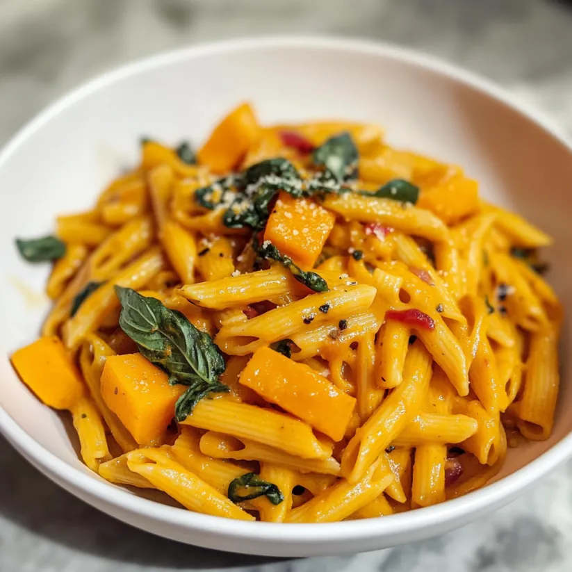 A bowl of pasta with pumpkin and spinach.