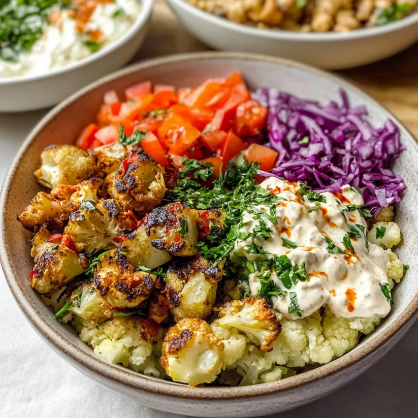 A bowl of food with cauliflower and tomatoes.