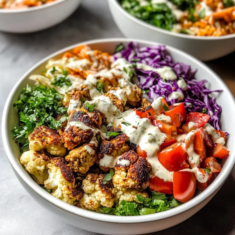 A bowl of food with cauliflower, tomatoes, and sauce.
