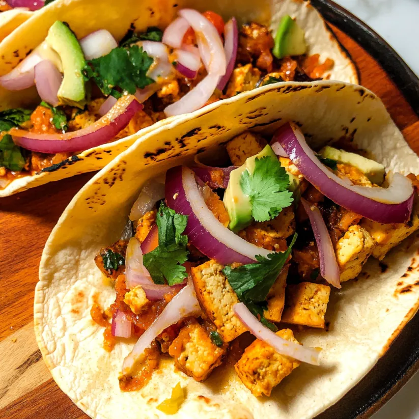 Two tofu tacos with onions and peppers.