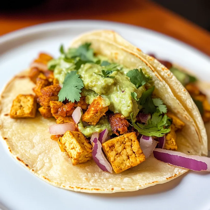 A plate of tofu tacos with a variety of toppings.