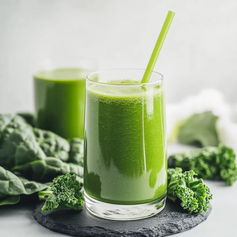 A glass of green smoothie with a green straw.