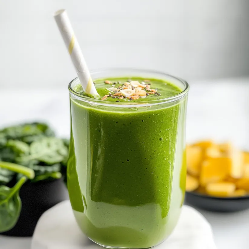A glass of green smoothie with a straw in it.
