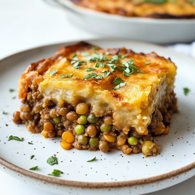 A square plate with a slice of lentil shepherd's pie.
