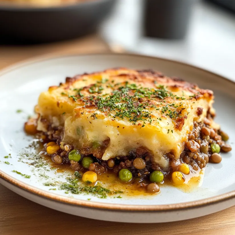 A plate of food with a lentil shepherd's pie.