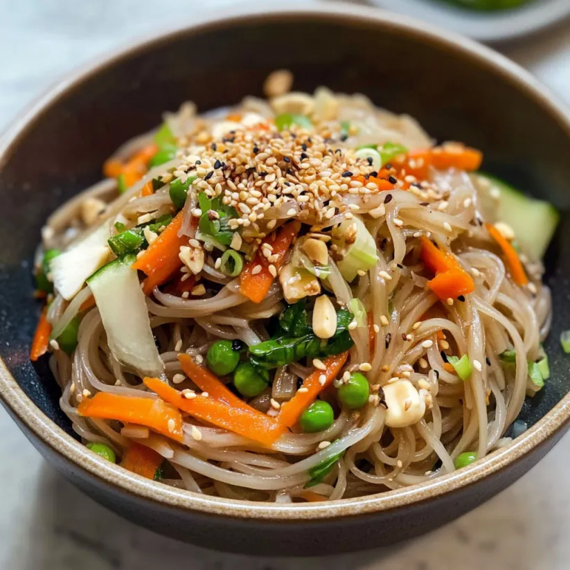 A bowl of cold buckwheat noodles with miso dressing.