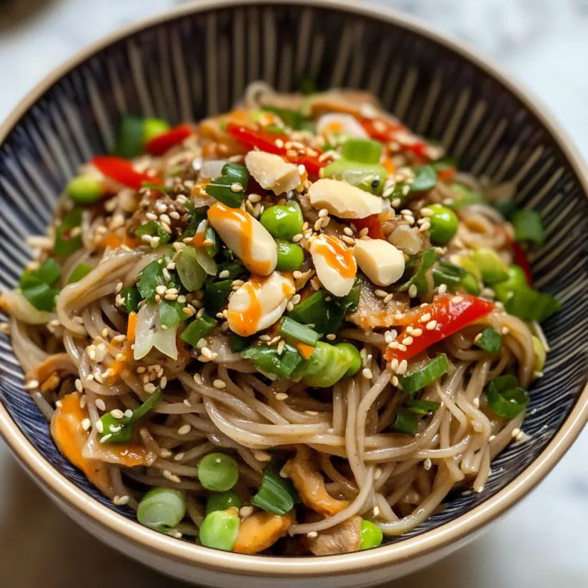 A bowl of noodles with peppers and nuts.