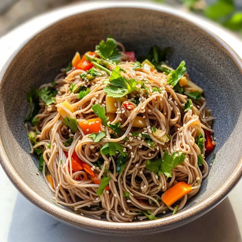 A bowl of noodles with vegetables and a dressing.