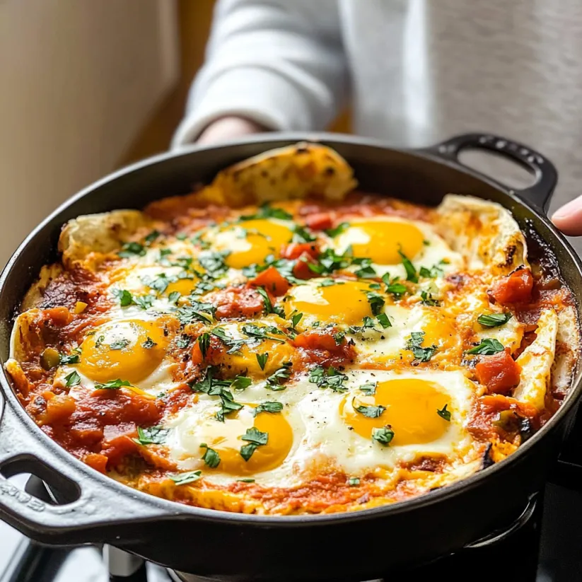 A dish of shakshuka with eggs.