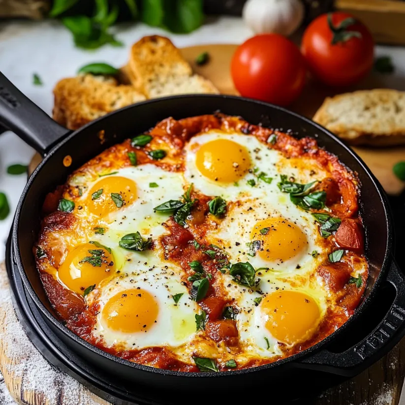 A skillet of shakshuka with eggs and tomatoes.