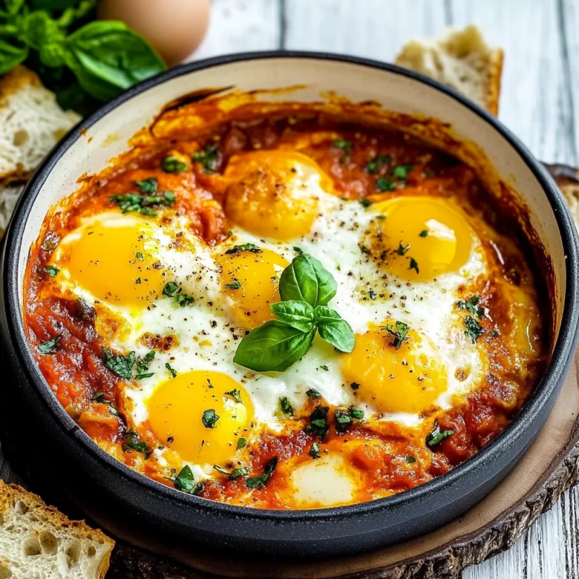 A bowl of shakshuka with eggs and herbs.