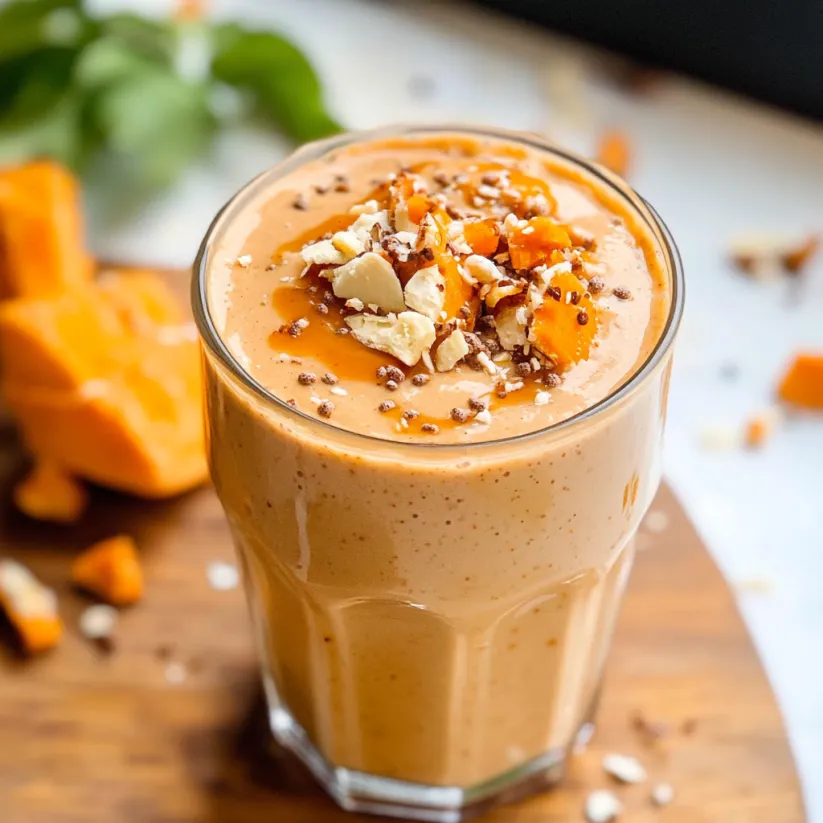 A glass of vegan carrot cake smoothie with almonds on top.
