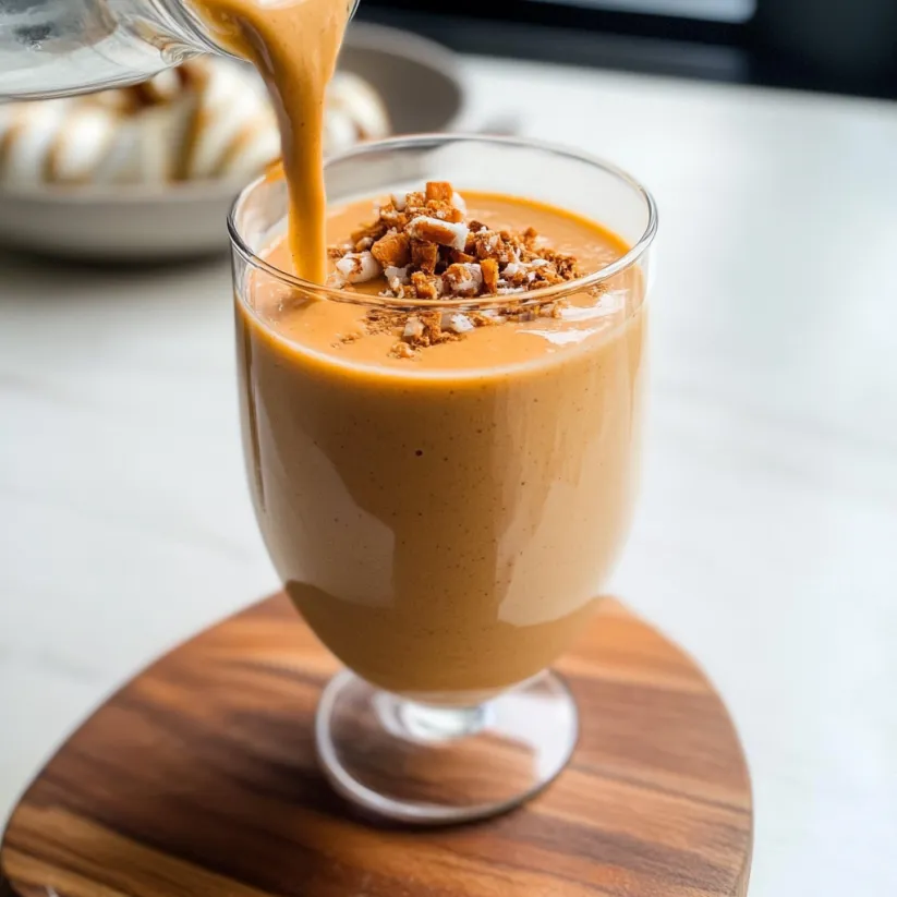 A glass of vegan carrot cake smoothie being poured.