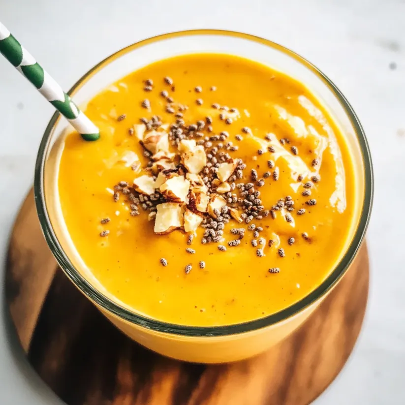 A glass of butternut squash smoothie with a green straw.