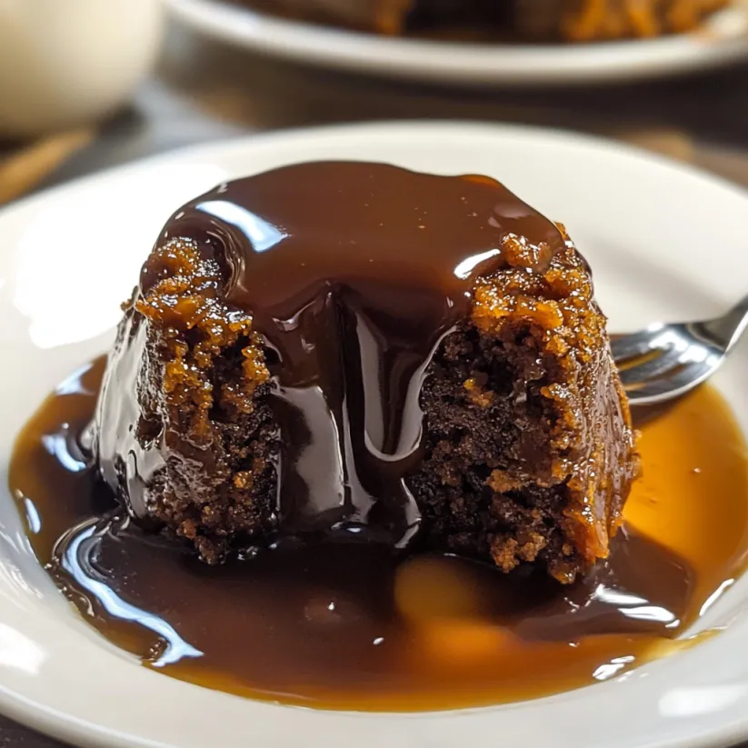 A slice of sticky toffee pudding.