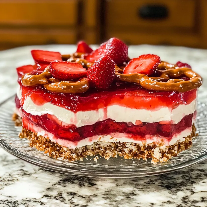 A slice of strawberry pretzel salad.