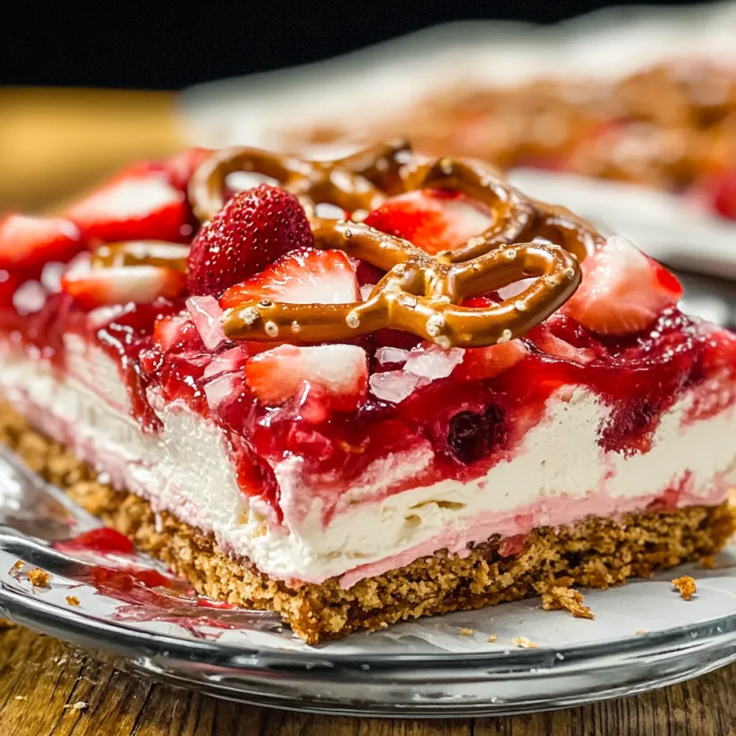 A slice of strawberry pretzel salad.