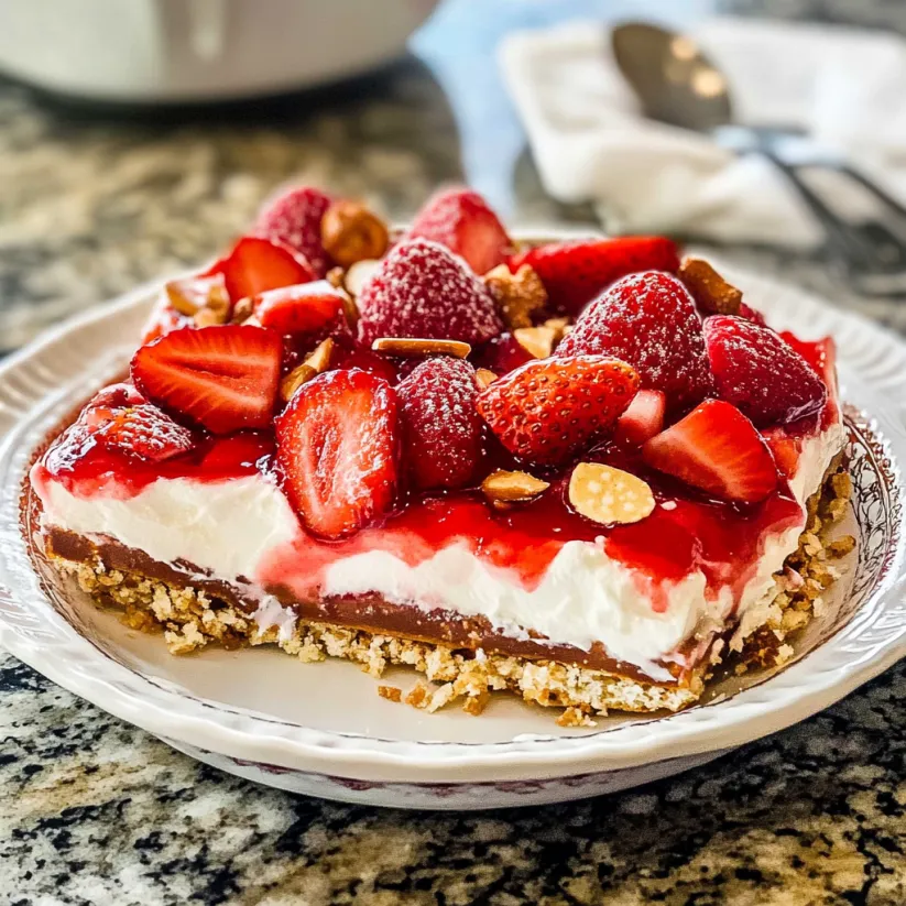 A slice of strawberry pretzel salad.