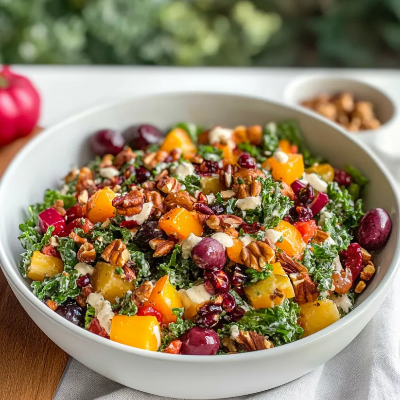 A bowl of salad with a maple tahini dressing.