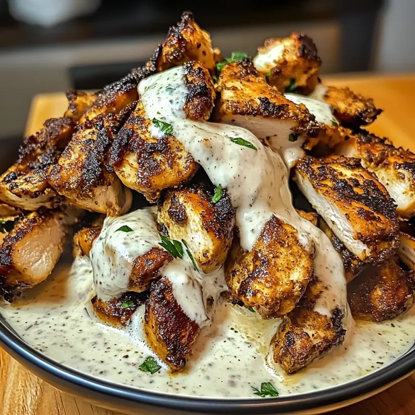A plate of chicken shawarma with creamy garlic sauce.