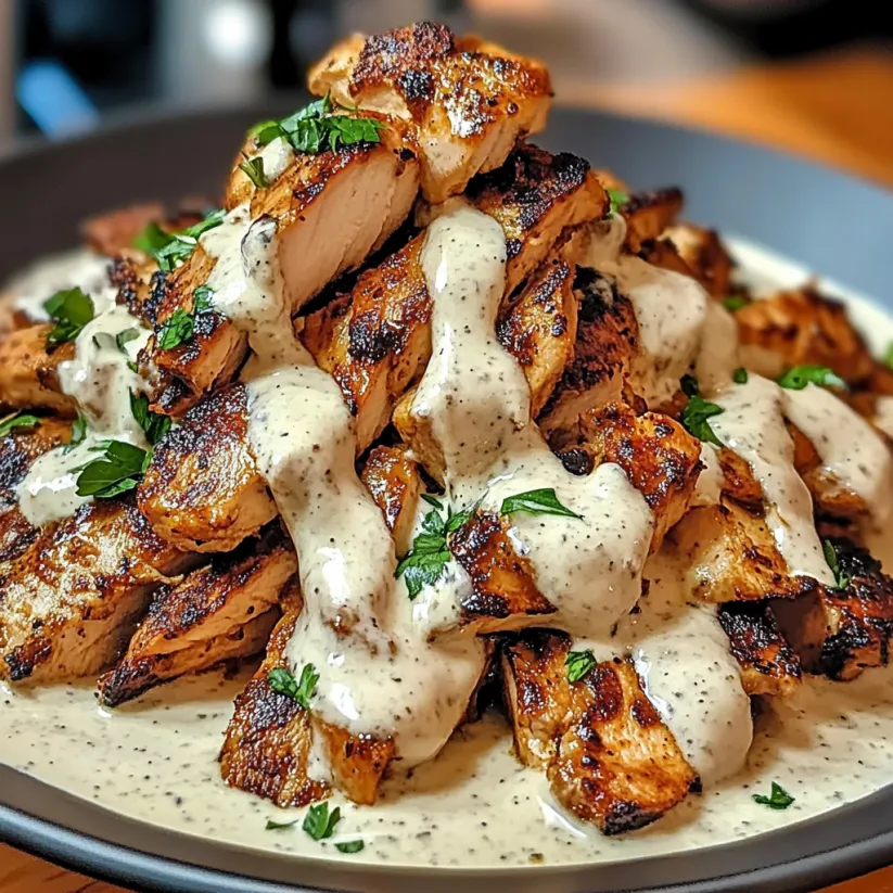 A plate of chicken shawarma with creamy garlic sauce.