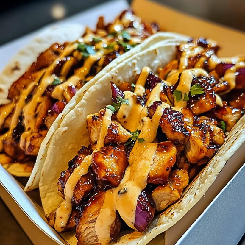 Two tacos with BBQ chicken and garlic butter.