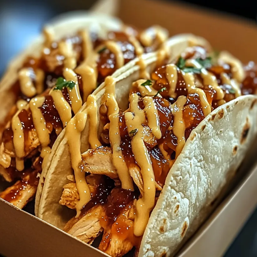 A box of BBQ chicken tacos with garlic butter and honey.