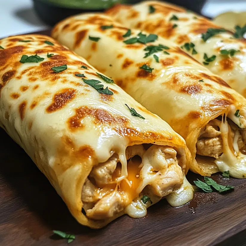 Two cheesy garlic chicken wraps on a wooden cutting board.