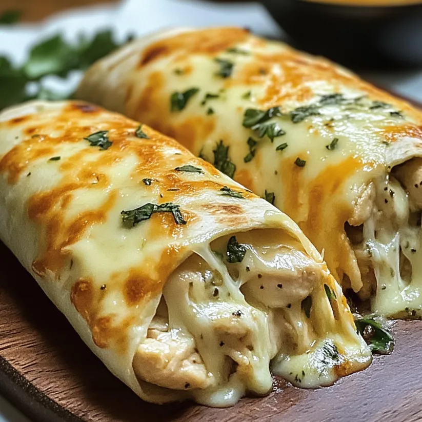 Two cheesy garlic chicken wraps on a wooden cutting board.