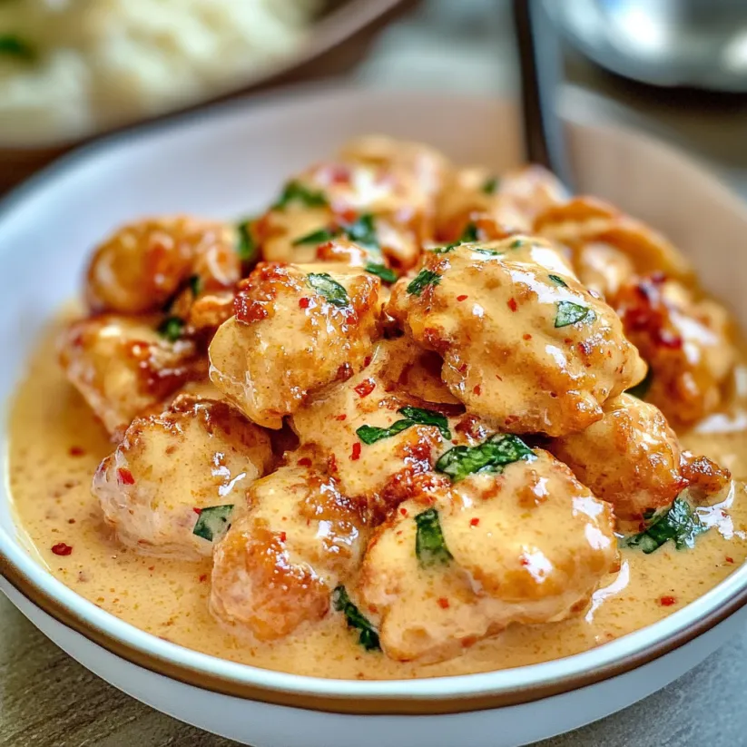 A bowl of chicken with sauce.