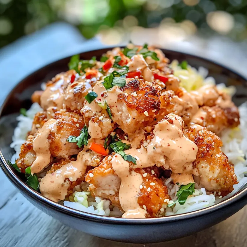 A bowl of chicken with rice and sauce.