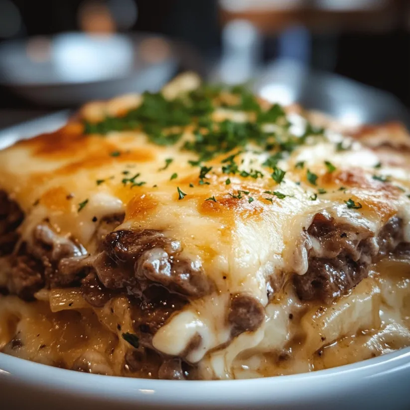 A close up of a Philly Cheese Steak Casserole.
