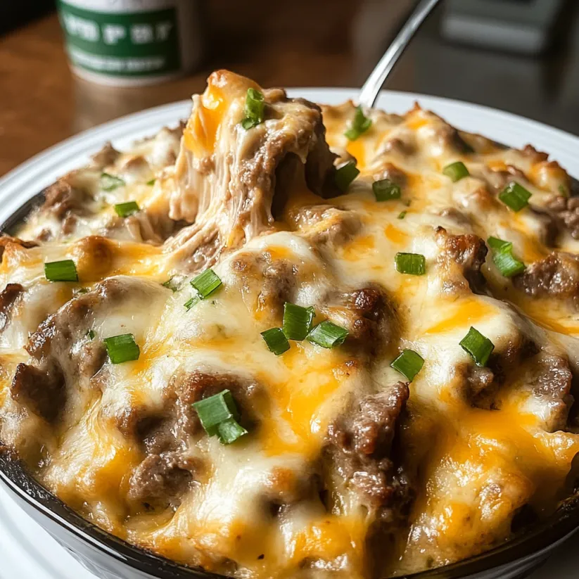 A close up of a Philly Cheese Steak Casserole.