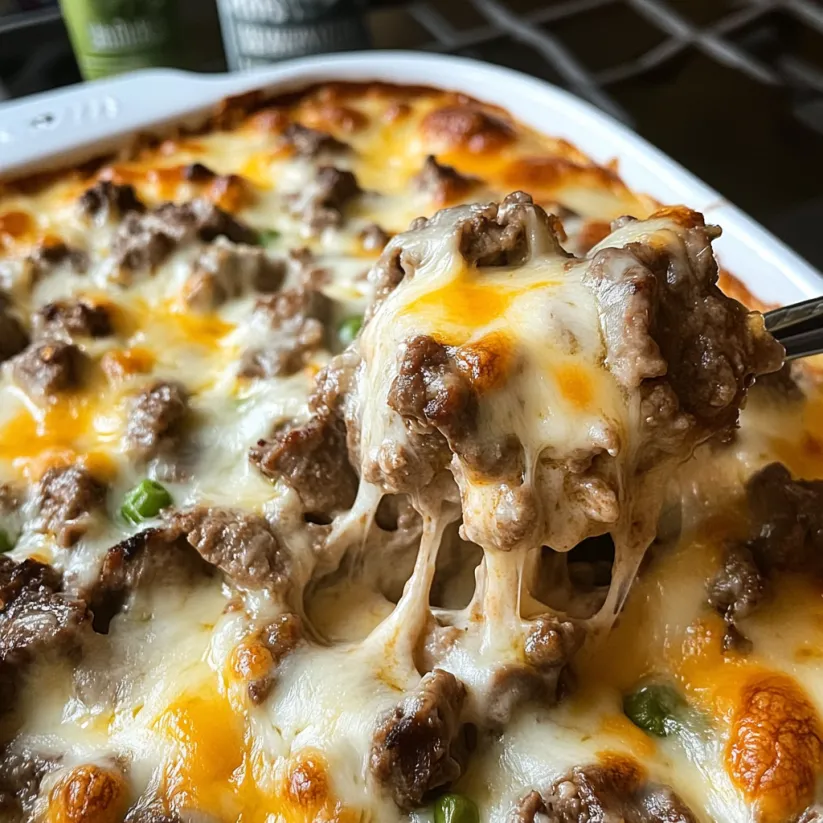 A close up of a delicious Philly Cheese Steak Casserole.