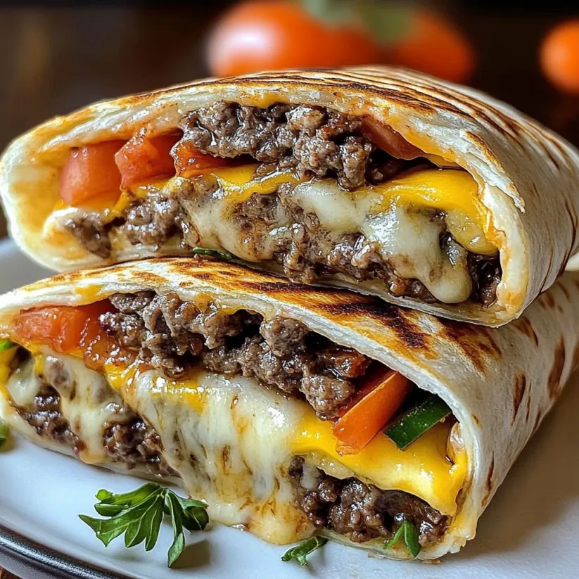Two grilled cheeseburger wraps on a plate.